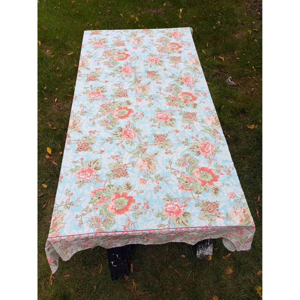 April Cornell Floral Cotton Tablecloth Blue Coral Pink Rose Tulip82x58 Rectangle